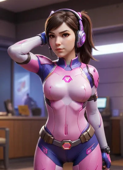 Masterpiece, high-res, 2k, best quality, 2.5d, allstars dva, d.va, (overwatch), One hand on the hip the other hand raised to the head