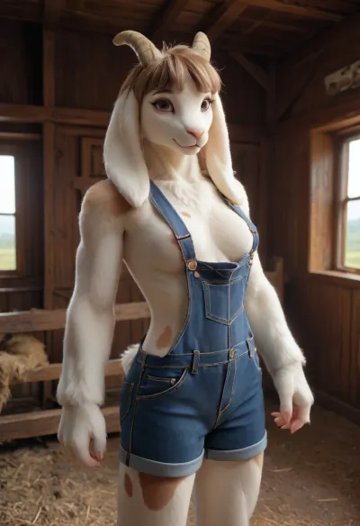 1girl, ((furry horned goat female on a farm), goat anthro, looking at viewer, white goat's head, alone, makeup, huge tits, muscular, thin, slim, abs, small ass, wearing overalls, barn theme, barn, nude, mottled brown and white fursuit), mottled brown and white fursuit, <lora:FursuitXL:.6>, <lora:Hegre-Nude_woman-000001:.5>