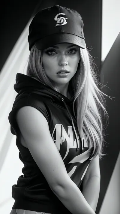In a stark, high-contrast black and white illustration, a mysterious Glamour woman stands out against a plain white background. Her porcelain skin glows under a casual hoodie and cap combination, her long straight hair flowing effortlessly beneath the cap's brim. Oversized round sunglasses perch on her face, reflecting light and emphasizing her enigmatic expression, a masterclass in composure. The sharp lines of the ink style highlight the texture of her clothing and accessories, drawing the viewer's gaze to her upper body and captivating visage.