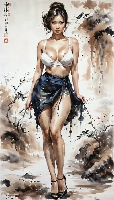 Sumi-ye style painting of Asian woman, Tags, big ass, big tits, curvy, pale white skin, anal, anal queen, beautiful body, medium ass, blonde, blue eyes, bra, brown eyes, brunette, high heels, indoor, Asian, light brown skin, milf, miniskirt, natural tits, pear-shaped ass, queen size, slender body, tits, Sumi-ye style painting, pantyhose, Submissive personality, trimmed pussy hair, QIEMANCN, sumi-e, <lora:landscape-painting-sdxl_v2:.5>, <lora:InkWashpainting:.5>, <lora:[XL]Sumi-e:.5>