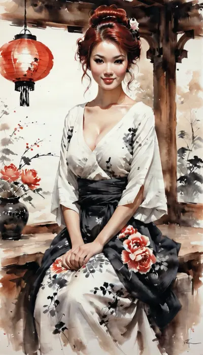 Sumi-ye style painting of Intricate stunning highly detailed beautiful and smiling Asian woman of 30 years old, Japanese tavern with sumi-e ornaments owner, white with colorful flovers a loose-fitting sundress with a rounded neckline, deep horse shoe neckline decorated with large voluminous artificial silk roses, middle sleeve, sumi-e style, random color of eyes, delicate features, round face, pale skin, red hair, irish, her hair tucked into a neat bun and two curly strands on the sides, a full-figured woman, cute, long eyelashes, full body portrait, tavern background, bleak, beautiful lit, drawing by Florian Nicolle and Tom Bagshaw and Karol Bak, QIEMANCN, sumi-e, <lora:landscape-painting-sdxl_v2:.5>, <lora:InkWashpainting:.5>, <lora:[XL]Sumi-e:.5>