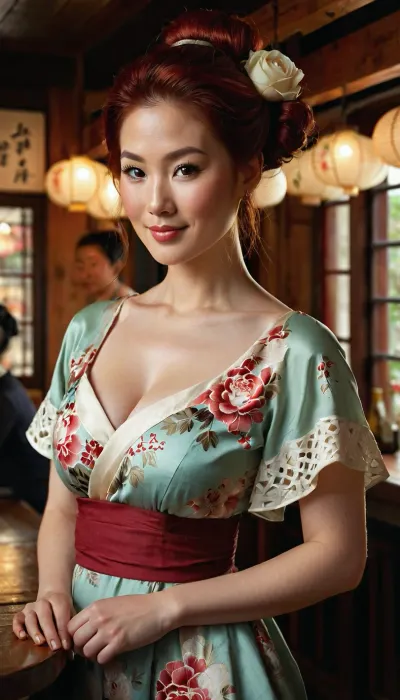 Intricate stunning highly detailed beautiful and smiling Asian woman of 30 years old, Japanese tavern with sumi-e ornaments owner, white with colorful flovers a loose-fitting sundress with a rounded neckline, deep horse shoe neckline decorated with large voluminous artificial silk roses, middle sleeve, sumi-e style, random color of eyes, delicate features, round face, pale skin, red hair, irish, her hair tucked into a neat bun and two curly strands on the sides, a full-figured woman, cute, long eyelashes, full body portrait, tavern background, bleak, beautiful lit, drawing by Florian Nicolle and Tom Bagshaw and Karol Bak