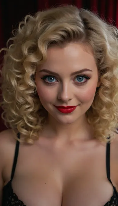 hot blonde, 20 years old, curly hair, big hair, blue eyes, big eyes, plump red lips, black eyeliner, smile, big tits, cleavage