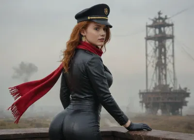 busty redhead 18 year old girl queen of old London with a slender figure, elastic beautiful ass, wavy red hair, sexy ass, elastic boobs, detailed skin, near a steam locomotive, steampunk, fog, steam, in a black tight leather coat and leather black pants, and long black latex gloves, a black hat on her head, a fur cashmere long scarf on her neck, a ring with a ruby ​​on her finger, earrings with rubies in her ears, a hawk sits on her shoulder