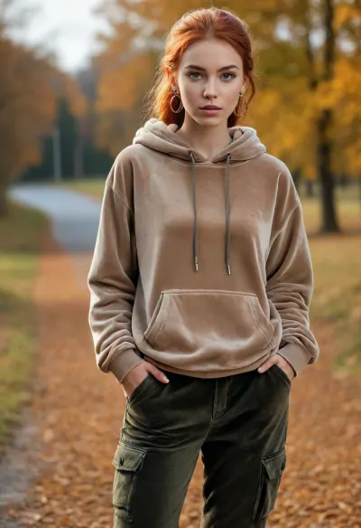 (photo taken in perfect autumn landscape, out of town:1.2), photo shows complete Person, dynamic, realistic, perfect lighting, (best shadows), 8K, UHD, clear image, (best lighting), best quality, ultra detail, fine detail, high resolution, 8k wallpaper, masterpiece, one female, (European nordic type woman 30 years old:1.5), ((skinny with slender breasts, perky tits:1.4)), (((skinny, small, petite, height 175 cm, long perfect legs, perfect round ass, autumn narrow waist, wide hips:1.5))), (detailed green eyes, short red hair, shoulder length hair, tied in a braid at the back, individual hair strands in face:.8), (very detailed face, beautiful, light freckles, tanned skin, full lips), ((wearing a detailed shimmering dark beige velvet oversize hoodie, long sleeves, big earrings:1.5), (camouflage military cargo pants, cotton fabric:1.5)), boots, (backpack:1.5), hitchhiker