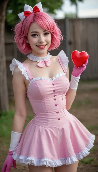 score_9, score_8_up, score_7_up, 1girl, solo, geiru toneido, pink hair, clown nose, chocker, shoulder pads, suspenders, pink dress, heart-out-of-chest, frilled dress, sleeveless, pink gloves, smile, looking at viewer, breasts, hips, thighs, cowboy shot