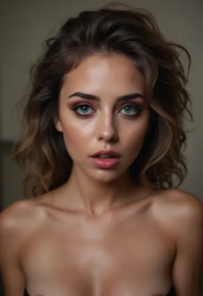 (stunning girlfriend, makeup model:1.5), (flawless makeup, flawless skin:1.4), (sporty hair, messy hair), (intimate eye contact), (beautiful agony, little death, La petite mort:1.2), wide eyes, lips parted, gasping, orgasm face, slack face, low angle view, straddling, leaning forward, back arched, neck stretched, neck flexing, ZipRealism