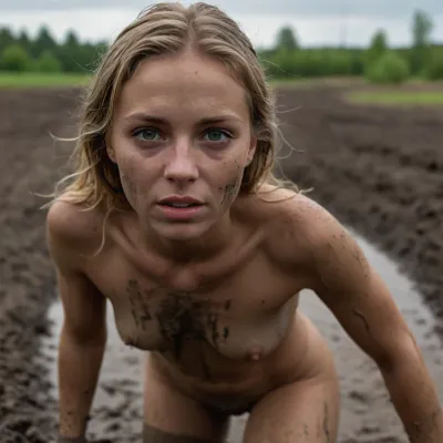 woman, cute, 26, Outside in Mud pit, sticky mud, thick mud, partially submerged in mud, sinking in mud, naked, photorealistic, real life, candid, blonde hair, long length hair, very sticky mud, deep mud, clay mud, tiny sexy white dirty panties, small saggy tits, 30yo, muddy dirty face, athletic, bend forward