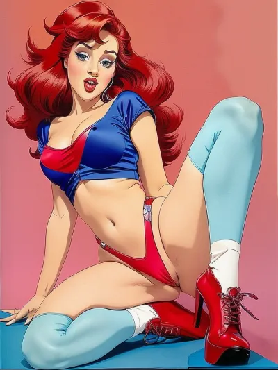 Don Bluth cartoon style, colored ink drawing, flat bright colors, monotone backgrounds, light erotica, sensual pose, teasing, flirting, lineart, flat, color, colors, line, art, <lora:lineart + flat colors v2:.5>, red haired female 21 yo, naughty face, tongue out, full-body portrait, from below, red high heels, (thick sole:1.4), high socks