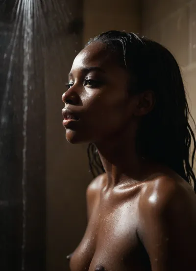 beautiful African 25yo woman is masturbating in a shower, busty, lonely, melancholic mood, game of shadows, wet hair, view from side, photorealistic, not paying attention, foggy, water showering, best detail, vagina, perfect fingers, contrasting shadows, bright light patches, light caustics, morning light, Low-key, lighting, Style, dim, low, dramatic, partially, covered, in, shadow, backlight, style, hair, light, <lora:Low-key lighting Style:.5>, <lora:backlight style:.8>, dark skin, beautiful wet hair