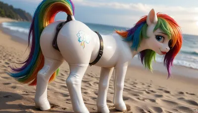 ((ultra-realistic)), (((bright contrasting picture))), ((hyper-detailed)), best quality, masterpiece, soft lighting, soft shadows, ((high quality)), (((Resolution 50k))), ((Pony)), my little pony, (the seductive Pony is looking back), beach, very big plump round ass, long lush hair, long big fluffy tail, ((black shiny anus)), thick big thighs, Pony tail, (Pony black pussy), tail up, (((white shiny Latex Pony))), shiny butts, ((The Pony is smiling)), the butt is raised high up, Pony spread its hind hooves wide, multicolored hair, rainbow hair, ((big thick lips)), ((large thick labia hanging down)), (big black thick anus), ((Pony has a round ass)), (((A pony stands alone in the distance on the beach))), ((((on the pony BDSM clamps spread her pussy)))), LaDy_01, <lora:259755_training_data:.5>, <lora:DetailedEyes_V3:2>, <lora:add-detail-xl:2>, <lora:391479_training_data:1>