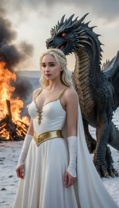 (Ultra, 4k, quality), (Realism:1.8), (highly detailed), Beautiful Daenerys, big firm breasts, white sexy suspenders, sexy white wedding dress, the wedding dress just covers her hips and has a deep neckline, white cape with gold trim, long blonde hair, sexy white long gloves, she wears the crown from games of thrones on her head, she gives a hand kiss, she stands there confidently, (stands seductively), (next to her stands a gigantic dragon from Game of Thrones), (show whole body in the picture), snowy landscape, fire in the background