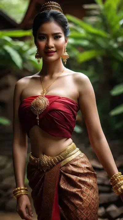 thai woman, Put on clothes, sabai, strapless, thai, traditional, skirt, masterpiece, best quality, extremely detailed 8K wallpaper, 1girl, realistic clothes, realistic body, realistic face, realistic hair, easynegative, Thai, dress, <lora:pondloso_thaidress640_80:.5>, <lora:Thai_beauty_number_one_by_Issara:.5>