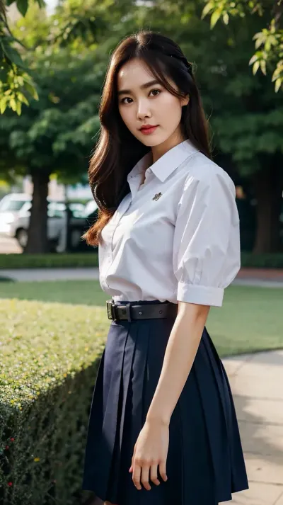 ((Jessica Jung woman)), 18 years old, (((hairstyle))), (photorealistic:1.4), Best quality, masterpiece, ultra high res, (ํ1girl), At a Thai university, photo, best quality, ultra-detailed, finely detail, highres, 8k wallpaper, photorealistic, (high detailed skin), (high detailed clothes), 8k uhd, dslr, high quality, detailed skin texture, (highly detailed hair), highly detailed body, (realistic), Navy black large pleated skirt, mathayom, uniform, white, shirt, sleeves, black, pleated, long, skirt, pillow_hug, <lora:mathayom22:.75>, <lora:pillow_hug-10:.5>