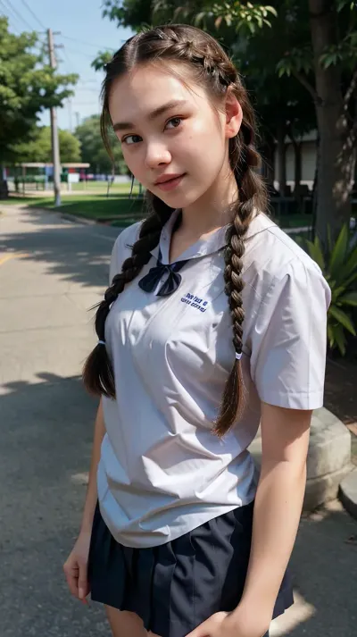 ((Taeyeon woman)), 18 years old, (((braided hair))), (photorealistic:1.4), Best quality, masterpiece, ultra high res, (ํ1girl), At a Thai university, photo, best quality, ultra-detailed, finely detail, highres, 8k wallpaper, photorealistic, (high detailed skin), (high detailed clothes), 8k uhd, dslr, high quality, detailed skin texture, (highly detailed hair), highly detailed body, (realistic), thai, junior, high, school, uniform, Navy black large pleated skirt, skirtlift, <lora:thai_junior_highschool_girl_uniform:1>, <lora:skirtlift-v1:.5>