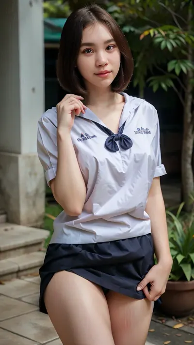 ((Taeyeon woman)), 18 years old, (((bob hairstyle))), (photorealistic:1.4), Best quality, masterpiece, ultra high res, (ํ1girl), At a Thai university, photo, best quality, ultra-detailed, finely detail, highres, 8k wallpaper, photorealistic, (high detailed skin), (high detailed clothes), 8k uhd, dslr, high quality, detailed skin texture, (highly detailed hair), highly detailed body, (realistic), thai, junior, high, school, uniform, Navy black large pleated skirt, skirtlift, <lora:thai_junior_highschool_girl_uniform:1>, <lora:skirtlift-v1:.75>
