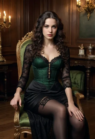 a 18 years old gothic girl, very long autumn black curly hair, bright green eyes, (long beautiful legs), (smooth pussy), with black lace stockings, wearing a intricate black silk clear transparent lace gothic gown, sits on a chair, baroque interior, she is adorned with gold jewelry and has a sensual expression on her face., (Photorealistic, moody portrait), (Inspired by the work of Annie Leibovitz), (Soft lighting, warm tones, subtle shadows, a wooden wall backdrop, a slight vignette effect), ideal anatomy
