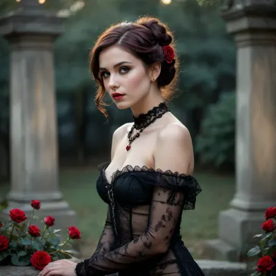 26 years old magic woman, (dark redbrown hair), short wild sporty messy hair, shy smile, freckles, (thick thights:1.3), A captivating gothic woman posing alluringly in a misty graveyard at twilight. Her piercing eyes, one glowing faintly with an unnatural crimson hue and the other an icy blue, exude an air of both seduction and unease. She wears an intricate transparent lace gothic dress adorned with black embroidery that reveals glimpses of pale, flawless skin. The dress flows sensually around her perfect tall frame, clinging to her curves and falling into jagged, tattered edges that mimic spiderwebs. Her long legs are accentuated by sheer black stockings with delicate garter belts, leading to towering platform high heels polished to a mirror shine. Her neckline plunges dramatically, framed by an intricate choker of black velvet and silver filigree, with a blood-red gemstone pendant resting against her chest. Her hair is styled in an elaborate updo, strands cascading like dark rivers interwoven with pearls and small thorned roses. The pose is provocative, a mix of elegance and macabre eroticism, as she arches her back slightly and rests a hand on an ancient tombstone carved with faded symbols. Her expression is a haunting blend of seduction and melancholy, lips painted a deep, venomous black, slightly parted as if whispering a forbidden secret. The background is an atmospheric blur of overgrown graves and wilted flowers, softened by a pronounced bubble bokeh effect. Circles of light float like ghostly orbs, their ethereal glow amplifying the dreamlike quality. The soft, intimate lighting falls gently on her figure, casting delicate shadows that accentuate the lace patterns of her dress and the sharp angles of her face, enhancing the interplay of sensuality and darkness in the scene, (dimly lit:1.5), warm lighting, (light like in old painting:1.6), detailed skin texture, skin pores, detailed face, detailed nipples, sharp focus, photorealistic, hyperrealistic, high resolution, very detailed, 8k, RAW photo, highest quality, masterpiece