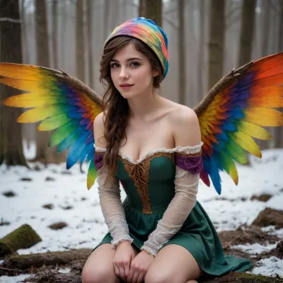 26 years old magic woman, (dark redbrown hair), short wild sporty messy hair, smile, freckles, (thick thights:1.3), mountains, forest, (young woman elf with two big angelwings in rainbow colors), colorful victorian lace dress, wet clothes, mud on face, kneeling in mud, (snowing:1.3), light shining from behind through her wings, (wool cap), (dimly lit:1.5), warm lighting, (light like in old painting:1.6), detailed skin texture, skin pores, detailed face, detailed nipples, sharp focus, photorealistic, hyperrealistic, high resolution, very detailed, 8k, RAW photo, highest quality, masterpiece