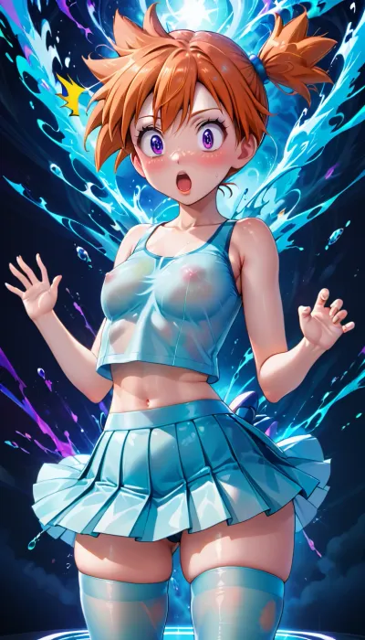 misty pokemon, big boobs, tight top, pleated skir, transparent legwear, surprised look