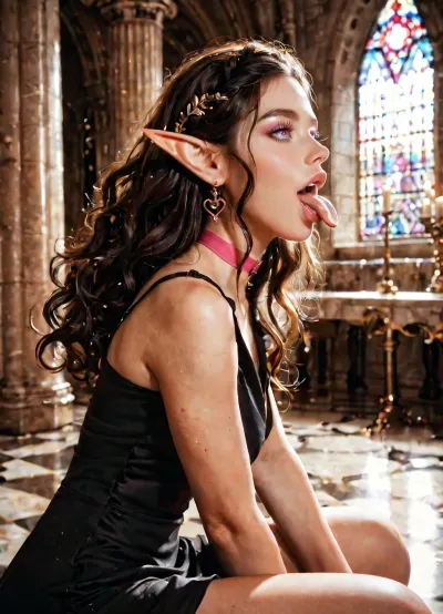 side view, on her knees, gorgeous elf, sharp elf ears, huge augmented lips, sloppy tongue out, eyes rolled, sexy black dress, pink choker with big letters "mommy" on it, castle interior