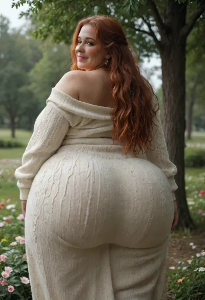 Super fat ssbbw milf, big fat ass, extremely wide hips. Natural ginger hair, long hairstyle. in oversized sweater-dress. Standing by tree, around flowers. After rain. Seductive posing, standig and looks with lovely smile back.