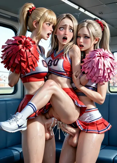 masterpiece, best quality, highly detailed, (anime:1.2), BREAK, ((3 gorgeous 25 year old white blonde cheerleaders together on a bus)), ((((one shocked, embarrassed and surprised 25yo cheerleader standing between 2 futa cheerleaders as she is double penetrated by their large penises, balls deep penetration, she is sandwiched between both futas, sandwiched between 2 25yo futa cheerleaders fuck her ass and pussy with their large erect penises, one futa grabs and sucks on girl's nipple, other futa fondles and gropes her, the 2 other cheerleaders moan in intense sexual pleasure as they cum inside her, impregnated by futa, creampie, cum overflow, excessive cum, her wet pussy visible)))), ((futas are moaning, aroused)), ((futas having an intense orgasm)), (futas having sex moan out of intense sexual pleasure), (bus:1.2), (red cheerleader skirts), ((((shirt lift)))), (red cheerleader tops lifted revealing breasts:1.2), slim, athletic, gymnast body, ((blonde hair)), pony tail, natural b cup breasts, RAR, <lora:MeMaV3_ill:.5>, <lora:add_details_xl:.5>, <lora:Better Anime Backgrounds - [Background] - SDXL Version 1:.5>, <lora:RAR 0.4v:.5>