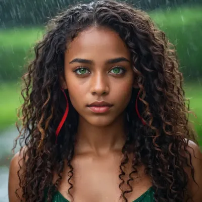19 years old dark ebony girl, natural green eyes, long curly hair with red stripes, lightings, luminous eyes, under rain