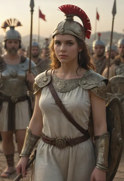 Sunset light, (woman 30 year old, greek warrior, greek antic tunic, spear, corinthian helmet, greek armour, proud, very large shield, head of medusa on shield), Athena goddess of war