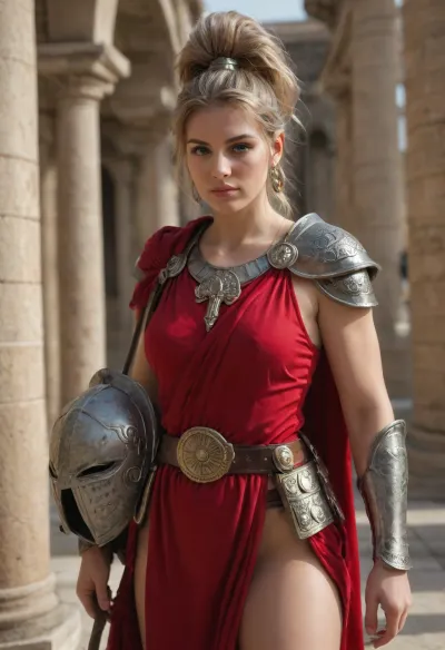 Sunset light, (beautiful blonde woman 30 year old, greek warrior, red greek antic tunic, spear, very clear blue eyes, corinthian helmet, greek helmet, (antic greek armor), anatomic spartan armor, proud, godess, large round shield), greek warrior, greek armor, Athena, owl on shoulder