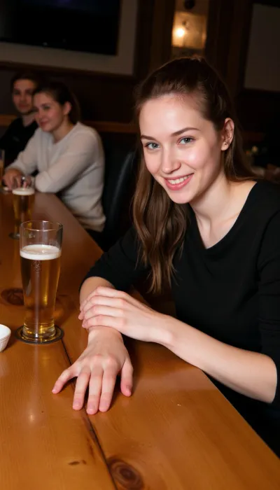 in a beer bar, long wooden tables, with friends, everybody is having a good time, suddenly you realize one of the girls at the far end on the other side of the long wooden tables is looking straight at you, there are numerous hipster style people between you on both sides of the table, no one else is paying attention, she is staring directly into your eyes. There can be no doubt she is telling you with her eyes that she thinks you are really attractive, it’s night and dark and the place is dimly lit by some pendels in the ceiling, people enjoying their beer along both sides of the bench, she has down-turned eyes, chestnut hair brushed back so the forehead is bare, hair pinned behind her head tightly, she is resting both her arms on the table, the table is littered with empty and half full glasses of beer pints and a few ashtrays, mesmerizing blue eyes, a really big and wide mouth with a big smile reveling her teeth so that her gums are exposed in upper mouth, she is around 30 years old, Scandinavian brunette, looking at you like she wants you and is in love with you, picture from a distance, cute bags under her eyes, charming wrinkles around eyes, dark-green eyes, big unmistakable smile, did I mention her mouth is really wide? And the gums in the upper mouth exposed, (intense flirty and horny stare), (she is far away in the long end of the table and many friends between you), really big grin with clenched teeth, ((woman is far too away and many people between you and her)), (((exposed gums)))