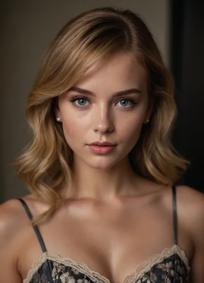 A stunning close-up of an young actress wearing flawlessly elegant makeup. The woman's light tan skin is smooth and flawless. Her voluminous strawberry blond hair has a slightly tousled, natural wave with a defined fringe that frames her face. Her eyes are a striking light hazel color and her expression is serene and focused. She is wearing a chic sleeveless, patterned top with spaghetti straps. The pattern is a delicate floral print in a mix of dark gray, beige, and metallic gold tones, the pattern is subtle and not overwhelming.

The top has a slightly sheer, lacy texture. The straps of the dress are adorned with small, delicate, golden beads. She has on gold-toned dangling earrings with small pearl-like accents.

The background is a soft, neutral color palette, a muted beige or light cream. The lighting in the room is soft and diffused, casting no harsh shadows and highlighting the woman's features beautifully. The overall aesthetic is elegant, natural, and luxurious.



ZipRealism