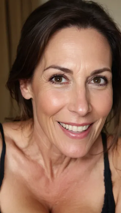 very sexy and horny, ugly, brunette, mature 50 years old, thin, tall, very long face, long huge nose, sexy smile, face and boobs focus, long distance picture