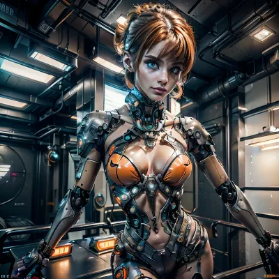 girl man is a beautiful cyborg with orange mohawk style hair, futuristic character, ultra realism, ultra high resolution, ((Realism:1.5)), female cyborg terminator, FemBot, cbpkv5, rfktr_technotrex, <lora:FemBot v1.0:.5>, <lora:cbpkv5:.5>, <lora:RFKTR_technotrex:.5>, <lora:weight_slider_v2:-1>, <lora:age_slider_v20:-2>