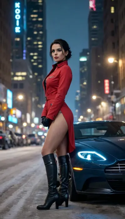 1girl, hair_over_one_eye, solo, black_hair, jewelry, short_hair, necklace, insanely detailed, intricate details, face detailed, body details, legs details, eyes details, full body, hourglass figures, updo hair, sexy unbuttoned lab coat outfit, boots, sexy standing pose out of car, spreading legs, front view, riding a black aston martin dbs 2024, snow, night, futuristic city, detailled eyes, photography, highly detailed, sharp focus, trending on artstation, studio photo, by greg rutkowski, 8k uhd dslr, glowing neons blue and red electric android body