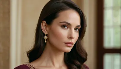 Generate a stunningly elegant woman with classic Mediterranean beauty. She has a symmetrical oval-shaped face with a flawless, creamy complexion. Her full lips are naturally shaped and slightly pouty, with a subtle hint of pink. Her deep, almond-shaped eyes are dark brown, framed by thick, gracefully arched eyebrows, and long, lush lashes. She has high cheekbones and a soft, slightly rounded jawline. Her straight, dark chestnut hair falls smoothly past her shoulders, adding to her sophisticated allure. Her expression is serene and timeless, exuding both warmth and mystery, set against a soft, neutral background.