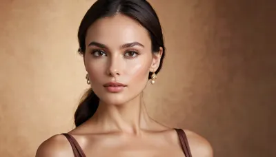 Generate a stunningly elegant woman with classic Mediterranean beauty. She has a symmetrical oval-shaped face with a flawless, creamy complexion. Her full lips are naturally shaped and slightly pouty, with a subtle hint of pink. Her deep, almond-shaped eyes are dark brown, framed by thick, gracefully arched eyebrows, and long, lush lashes. She has high cheekbones and a soft, slightly rounded jawline. Her straight, dark chestnut hair falls smoothly past her shoulders, adding to her sophisticated allure. Her expression is serene and timeless, exuding both warmth and mystery, set against a soft, neutral background., show full torso, dynamic angles