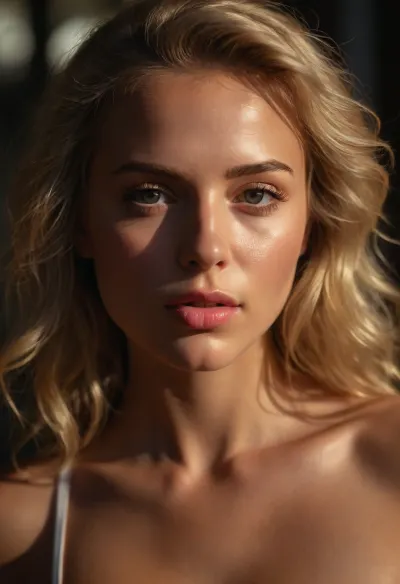 An erotic and high sexual portrait of a stunningly beautiful woman. The scene bathed in warm, direct sunlight that accentuates her delicate features. Her blonde hair shines like a soft, golden glow around her, framing her gorgeous face. The focus is on her big, innocent eyes, framed by subtle, shimmery makeup and delicate, natural eyeliner, and her pouting full pink lips, slightly parted in a soft gasp of desire. Her face and chest are flushed pink with desire, her skin oily and sweaty from exertion. The overall mood is one of lust and sexual desire., 8k, intricate details, hyperrealistic, professional photography, Masterpiece, award-winning photography, RAW photography, (direct sunlight, hair glow lighting:1.4), ZipRealism, sunnyrayyxo, <lora:sunnyrayyxo_v1_SDXLBase:.8>, raw lighting, <lora:Rawfully Stylish v0.2_epoch_20:.8>