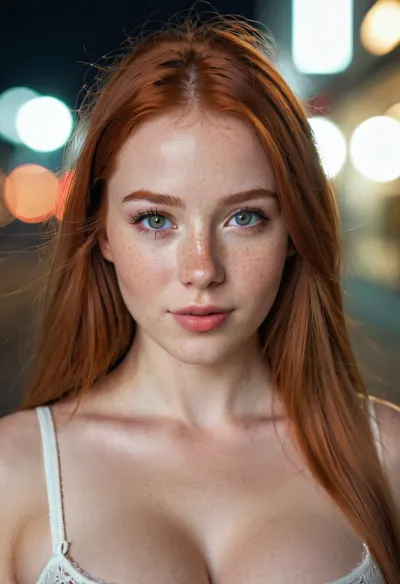 Ultra Realistic photography, portrait, at a city, low lighting, at night, 18 years old woman, young face, well-built body, head slightly turned right, round eyes, big sized boobs, tight boobs, wearing a tight top, square face form, happy view, slight smile, droopy eyes, glossy eyes, eyeliner, pale skin, skin freckles, perfect makeup, red cheeks, long straight red hair, snub nose, symmetrical eyes, sharp focus, blurry background, highly detailed face, highly detailed lips, highly detailed teeth, highly detailed eyes, highly detailed iris, skin pores, skin texture, ultra high quality, vivid colors, film grain, high contrast
