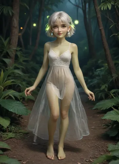 1girl, jungle, night, beautiful fit_girl, ((tiny body), (makeup:1.3), (blue shiny_eardrops), (green eyes), (green skin:1.8), medium breast, perfect lips, white hairs, short hairs, (glowing hairs)), floral hair_band, (white dress, (Transparent dress:1.3)), (fried cheeks:1.1), erotic smile, full body