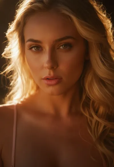 An erotic and high sexual portrait of a stunningly beautiful woman. The scene bathed in warm, direct sunlight that accentuates her delicate features. Her blonde hair shines like a soft, golden glow around her, framing her gorgeous face. The focus is on her big, innocent eyes, framed by subtle, shimmery makeup and delicate, natural eyeliner, and her pouting full pink lips, slightly parted in a soft gasp of desire. Her face and chest are flushed pink with desire, her skin oily and sweaty from exertion. The overall mood is one of lust and sexual desire., 8k, intricate details, hyperrealistic, professional photography, Masterpiece, award-winning photography, RAW photography, (direct sunlight, hair glow lighting:1.4), ZipRealism, sunnyrayyxo, <lora:sunnyrayyxo_v1_SDXLBase:.8>, raw lighting, <lora:Rawfully Stylish v0.2_epoch_20:.8>
