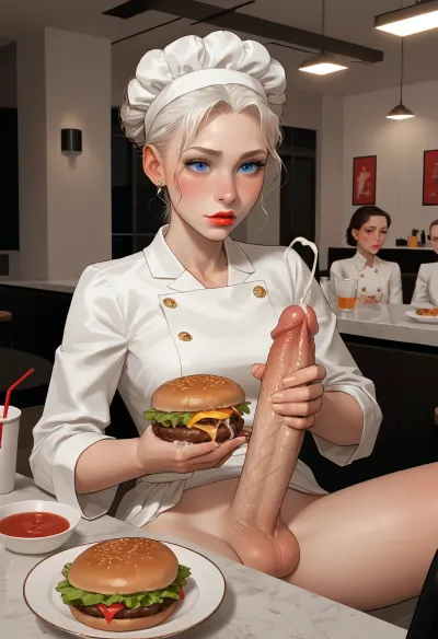 futanari cums in the burger right between the buns, sperm in food, Chef, excessive, cum, handjob, massive futa penis, veiny, testicles, cum food on table, cumshot, incase, style, <lora:287175_training_data:1>