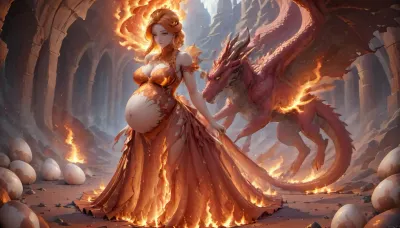 beauty, masterpiece, very detailed face, highest quality, high detail, high resolution, 4K, score_9, score_8_up, score_7_up, ((20 years old sporty Polish woman in pregnant with Dragon Eggs)), (ripped phoenix dress:1.5), (fiery aura:1.5), ((orange braided hair)), (veiny saggie g cup breast), (huge muscles), in dark cavern, aroused, pleasured, horny, heavy blushing, big dragon, sucking dragon knot, balls deep, belly bulge, bulged belly from dragon eggs, eggs can seen through her stomach, gigantic cum in pussy, blowjob, cuddle with the dragon, full body view, (pregnancy streaks:1.5), ((fully naked)), zoophilia, bestiality, detailed, massive cum on face, massive cum in hair, massive cum on chest, detailed hand, masturbating dragon testicles, phoenix, dress, fiery, aura, <lora:xl_phoenix_dress-1.0:2>, <lora:321709_training_data:.1>, <lora:Creat0r_MagicDetailzV2_FIX:.1>