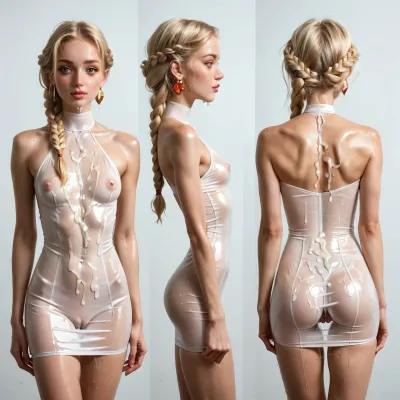 20 year old girl, upper half body view, tight and slim, blonde braided hair, freckles, tight doll dress, tight translucent dress, skinny, slender, slim, tight waist, small breasts, covered in cum, cum flow, pussy clearly seen, cameltoe, creampie, cum gushing, covered in white slime, slimy, wet, sweaty, dripping multiple, views, of, the, same, character, model, sheet, chatacter, <lora:Model_Sheet_Xl:.5>