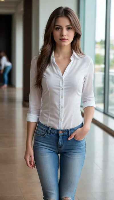 Woman 23 years old White Long brown hair Slim body Medium breasts Brown eyes Jeans white blouse Full body view.