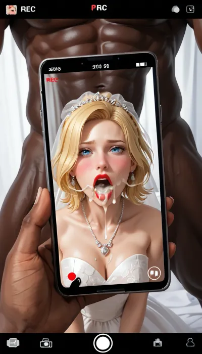 18 year old, Blue eyes, blonde, wedding dress, extreme details, perfect quality, Lots of sperm, cum on mount, cum, cumshot, weeping, muscular black man holding her head down on his big thick black cock, rough interracial deepthroat, big BBC, naked, perfect face, blushing, sexy, hotwife, lipstick on dick, interracial whore, interracial slut, rough INTERRACIAL sex, mouth wide open for bbc, gagging on big BBC, (((looking at camera))), camera view, (((filming on phone)))