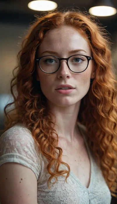 skinny woman, ginger, glasses, freckles, very long curly hair, <lora:cockteaseLoRASDXL:.5>
