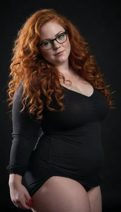 full body view of a BBW woman, ginger, thick glasses, chubby, freckles, very long curly red hair, (black background), <lora:cockteaseLoRASDXL:.5>