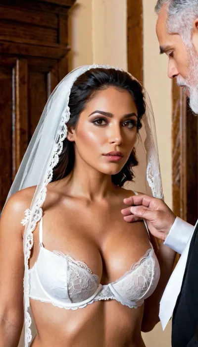 Wedding ceremony, sexy bride, 21 years old stunningly beautiful latina woman, (bride veil over her face, white lace bride themed lingerie, stockings, collar, long gloves), (sexy bride dress revealing big naked breasts to old priest, you can see his bulge as he touches her exposed breast. priest, bride caressing priest's head, looking each other, looking into eyes, (34DD), (no scars), (perfect skin), (hard nipples), closeup, groom, pastor)