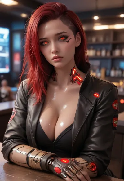 Sexy beautiful V from Cyberpunk 2077 game 18 years old, Sideswept red hair, (Red glowing eyes:1.3), (big firm breasts:1.2), (Shiny skin:1.4), (bimbo:1.4), big lips, realistic facial features, (sad:1.3), Posing for the viewer, Miami 2077, (Cyborg body:1.4), black cyberpunk samurai jacket, Fingerless gloves, He's sitting in a bar drinking whiskey, (cyberpunk 2077:1.5), (Neon style:1.3), Stroking her hair, cyberpunk, Samurai, jacket, <lora:ThePitXL:1>, <lora:CyberpunkSamuraiJacketSDXL:1.4>